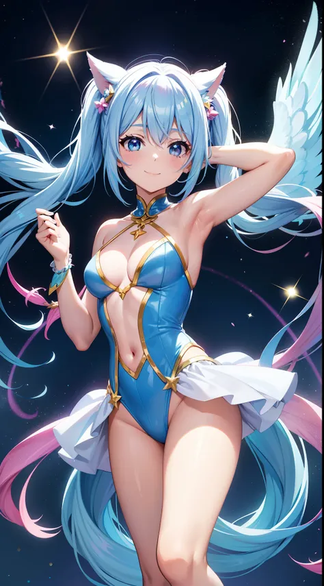 Super Idol　a beauty girl　A charming smile　sky blue hair　length hair　Twin-tailed　Glittery bright pink and white and blue and yellow leotards　facing front　Angel aura in the background　Mystical　Fantasia　constellation　a moon　Crystal Brilliance　Aurora Borealis ...