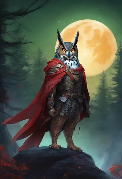 Anthropomorphic great horned owl wearing black leather armor a dark green cloak and a red scarf. Dark forest at night in front of a huge moon