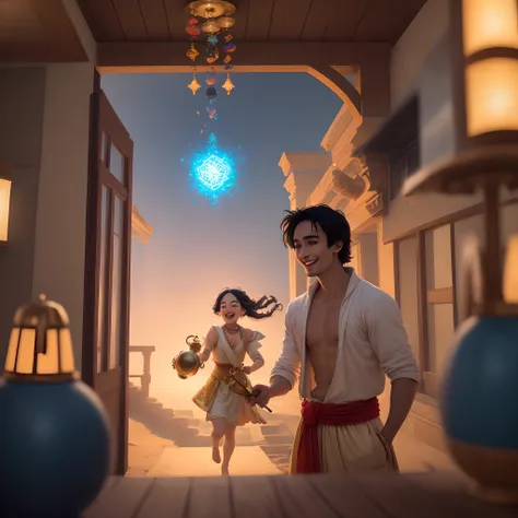 /imagine prompt: color photo of Aladdin standing near the genie who is joyfully taking his magic lamp out for an outing, radiating a kaleidoscope of vibrant colors, a mesmerizing display of hues that dance and intertwine,the genies lamp, inspired by a mode...