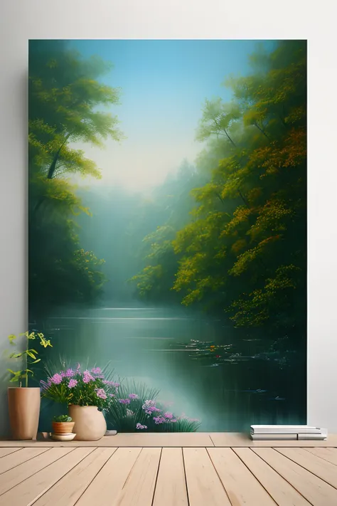 masterpiece, best quality, high quality,extremely detailed CG unity 8k wallpaper, A tranquil and peaceful scene, featuring a serene lake nestled among rolling hills and surrounded by a verdant forest, with a misty morning fog that adds an air of mystery an...