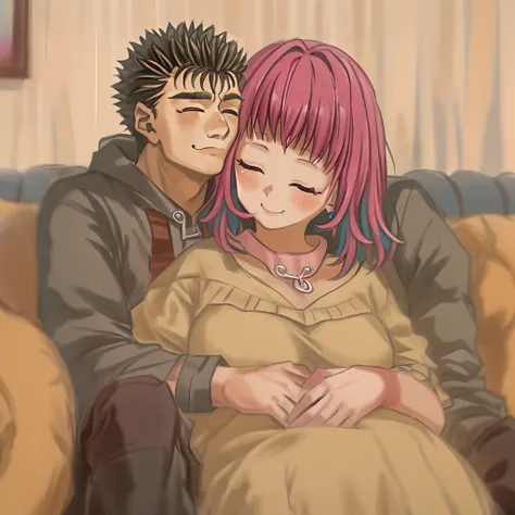 riamu,guts,couple,husband and wife,love dovey couple,sitting,hug,kiss,smile,(best quality,4k,8k,highres,masterpiece:1.2),ultra-detailed,(r1.37),portraits,vivid colors,warm tones,soft lighting, hug, pregnant