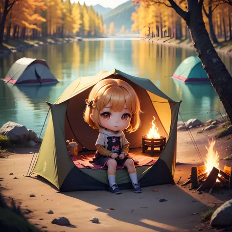 ​masterpiece、top-quality、ultra-detailliert、(Chibi Charas Daughter:1.2)、camp、Outside the tent、Camping equipment、bonfire、Sit on recline、Fairytale Autumn Forest、by lake