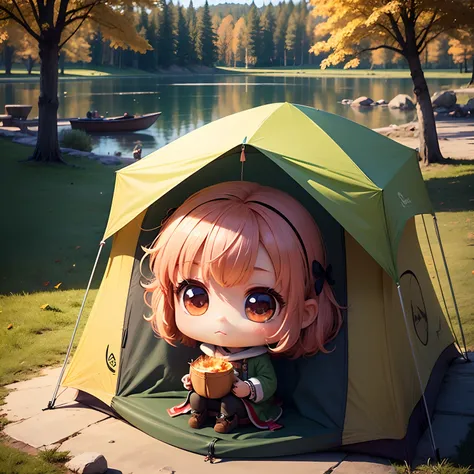 ​masterpiece、top-quality、ultra-detailliert、(Chibi Charas Daughter:1.2)、camp、Outside the tent、Camping equipment、bonfire、Sit on recline、Fairytale Autumn Forest、by lake