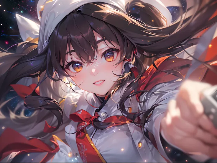 (((hakurei reimu:1.1,)))(((,straight hair,supple hair,long hair,pointy hair,long bangs,high ponytail,french braid,brown hair,brown eyes, nontraditional miko))),((white gloves)),(((((Break,design an image with fisheye lens effect,capturing a wide field of v...