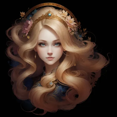 （（gorgeous 18-year-old princess）），（she has long, flowing blonde hair），（bright and beautiful eyes），trending in art stations，flowe...