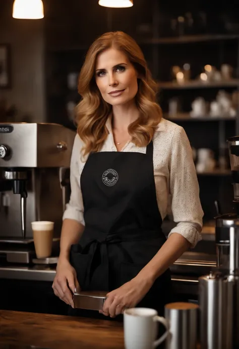 Sarah Gray Rafferty as a coffee barista, open shirt to show cleavage, no bra, detailed eyes and face, beautiful detailed lips, long eyelashes, confident expression, stylish outfit, black apron, holding a coffee cup, standing behind the coffee counter, surr...