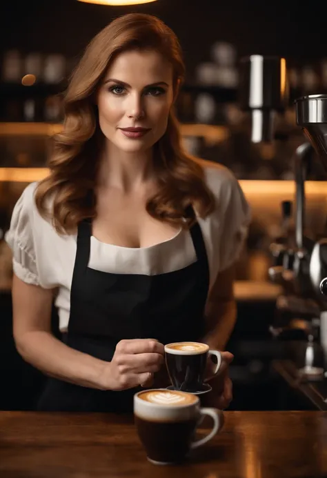 Sarah Gray Rafferty as a coffee barista, open shirt to show cleavage, no bra, detailed eyes and face, beautiful detailed lips, long eyelashes, confident expression, stylish outfit, black apron, holding a coffee cup, standing behind the coffee counter, surr...