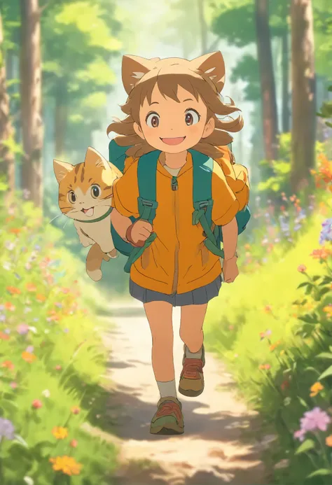 A 6-year-old girl carrying a hiking bag, ssmile, On a forest path, Face the lens, A round-eyed cat followed, wildflowers, Far Mountain, the woods.