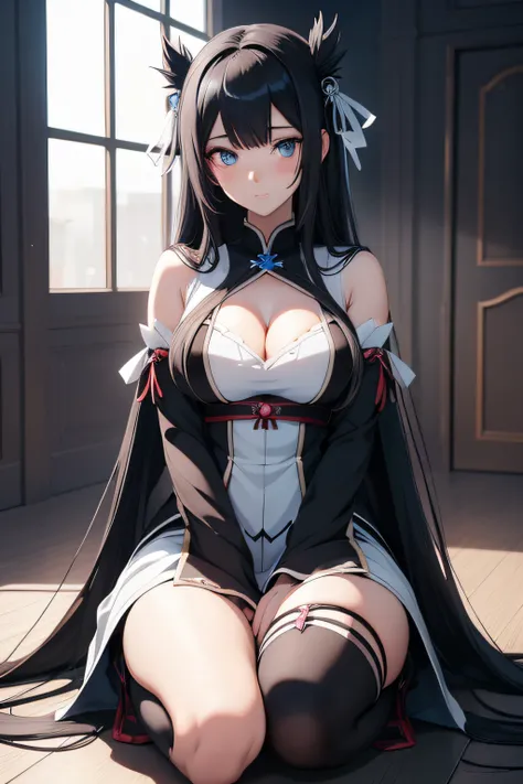 anime girl with long black hair and blue eyes posing for a picture, seductive anime girl, hestia, anime goddess, noire, black - haired mage, full body xianxia, by Jin Homura, noire photo, gothic maiden anime girl, beautiful anime girl squatting, beautiful ...