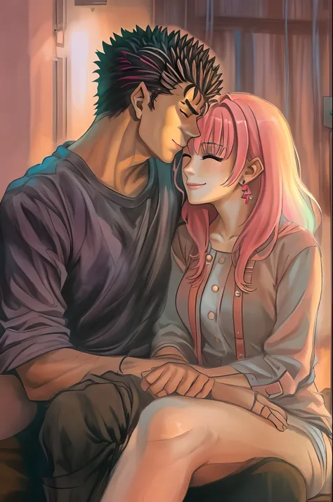 riamu,guts,couple,husband and wife,love dovey couple,sitting,hug,kiss,smile,masterpiece:1.2,ultra-detailed,realistic:1.37,portraits,vivid colors,warm tones,soft lighting