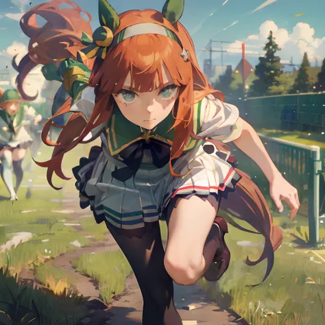 Masterpiece, Best Quality,  close up, face shot,
silence suzuka (umamusume),, white skirt, pleated skirt, black tights, white bra with patches, black bow, running, Loose grass, heel, Butt view, full length, Srusy