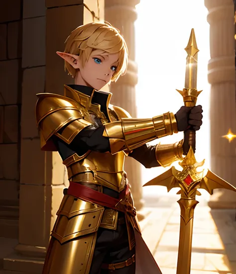 1 boy, a young elf paladin, fully dressed in armor with gold details, with a fire sword, in an Egyptian temple, D&amp;D, masterpiece, best quality, high contrast, soft lighting, backlighting, blooming, light sparkles, chromatic aberration, smooth, sharp fo...