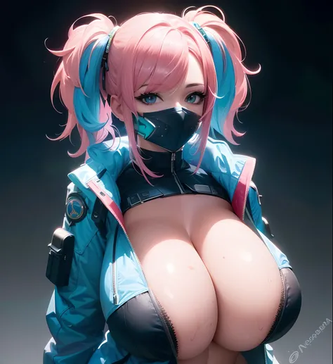 A close-up of a person wearing a mask and pink hair, Oppai cyberpunk, Chica de anime cyberpunk, Pelo rosa de cola doble y ojos cian, biomechanical oppai, Chica femenina de anime cyberpunk, Anime hiperrealista, Render fotorrealista de Anime Girl, Chica de a...