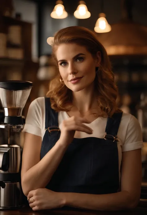 A twenty-year-old version of Sarah Gray Rafferty as a coffee barista, open shirt to show cleavage, no bra, detailed eyes and face, beautiful detailed lips, long eyelashes, confident expression, stylish outfit, holding a coffee cup, standing behind the coff...