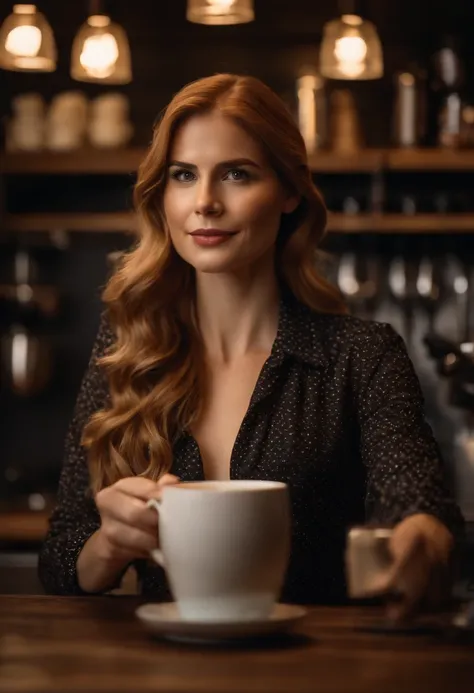 A twenty-year-old version of Sarah Gray Rafferty as a coffee barista, open shirt to show cleavage, no bra, detailed eyes and face, beautiful detailed lips, long eyelashes, confident expression, stylish outfit, holding a coffee cup, standing behind the coff...