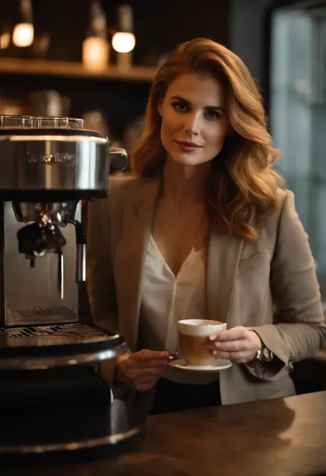 A twenty-year-old version of Sarah Gray Rafferty as a coffee barista, open shirt to show cleavage, no bra, detailed eyes and face, beautiful detailed lips, long eyelashes, confident expression, stylish outfit, holding a coffee cup, standing behind the coff...