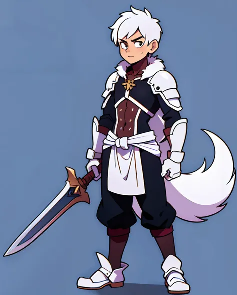 1boy, werewolf, tall, weilding greatsword. Light armor, white fur, character concept art, one collor background