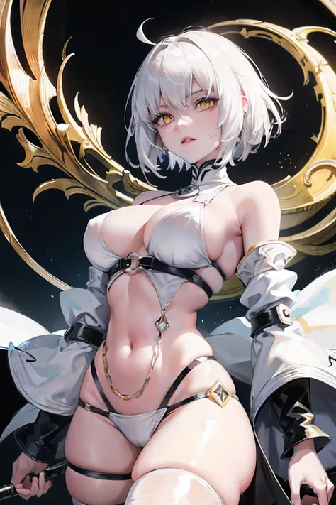 1girl, looking at viewer, pale skin, short hair, white hair, yellow eyes, jeanne alter (fate), absurdes, ultrasharp, 8k, latex bikini, golden outfit