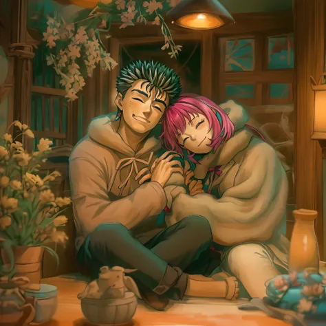 A loving couple, Riamu and Guts, sitting together in a warm and cozy environment. They are embracing each other with a tight and loving hug, with smiles on their faces. Their love and affection are evident in their expressions. The scene is filled with viv...