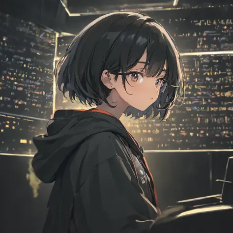 Glasses,Hooded,Short Black Hair,Black Eyes,Computer User,Dark Room,Cyber Security,Hacker