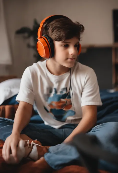 Realistic boy sports fan in his room with headphones