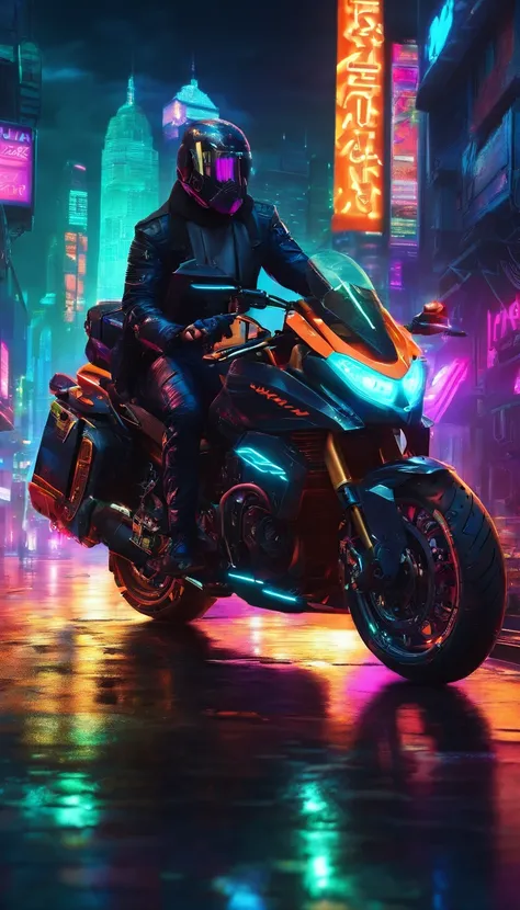 Motorrad im Cyberpunk-Stil, farbig in Schwarz und Neon, mit komplizierten und komplexen mechanischen Strukturen mit leuchtenden Teilen. Einfacher Hintergrund, Beleuchtungsstil: street light. Fancy words: Stark, glatt, futuristisch, Exponiertes Chassis, Mis...