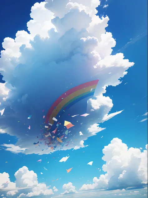 There are many colorful clouds floating in the blue sky，There were many papers falling from the sky