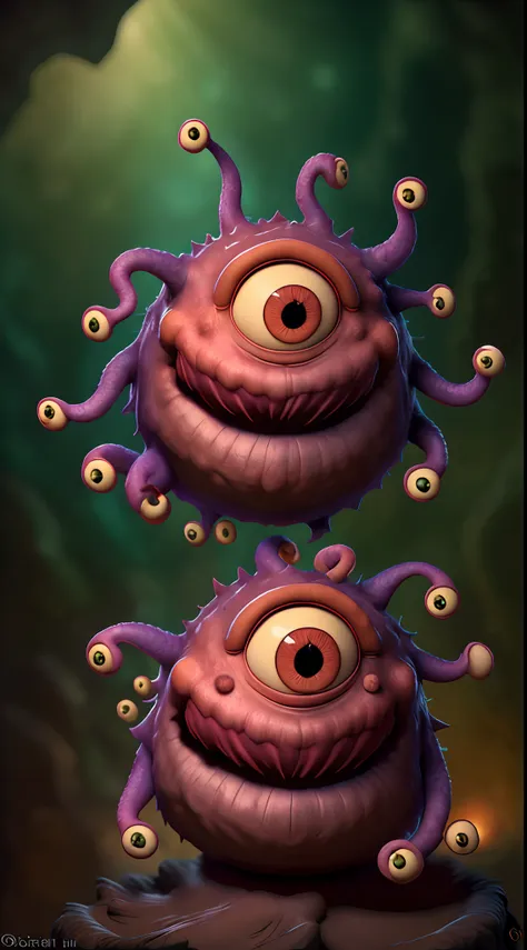 masterpiece, best quality, a beholder in a (dark cave), soft dim lighting,realistic, teeth, monster, extra eyes, tentacles,, dim...