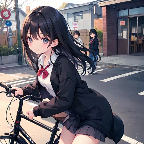 girl with、1 persons、Dark hair、Black eyes、length hair、A smile、校服、Cardigan、Schools、rides a bike、outside of house