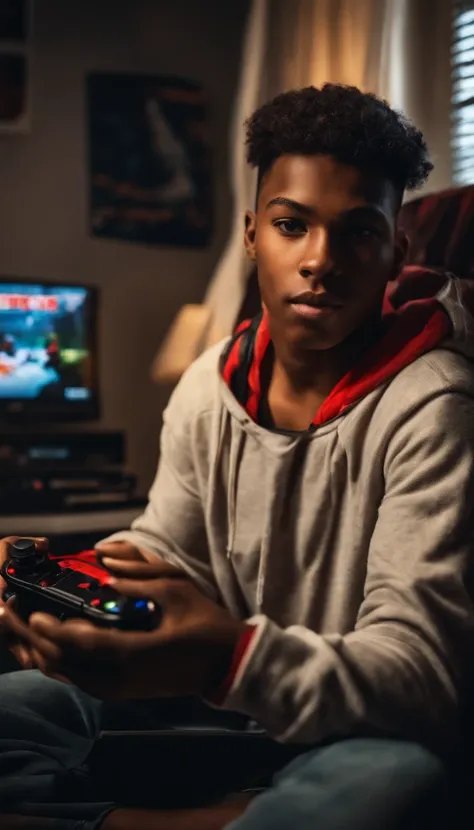 Young man 16 years old realistic, playing video games in his room. Sa chambre est rempli de poster de sport et de rappeur