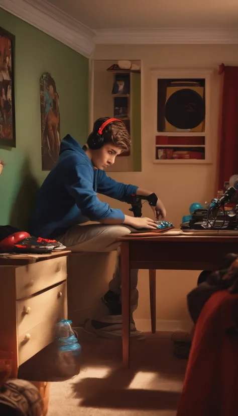 Young man 16 years old realistic, playing video games in his room. Sa chambre est rempli de poster de sport et de rappeur