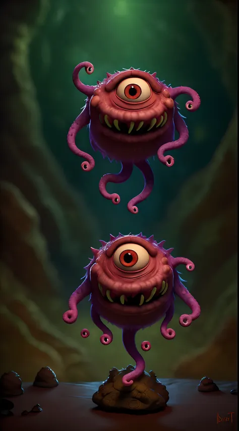 masterpiece, best quality, a beholder in a (dark cave), soft dim lighting,realistic, teeth, monster, extra eyes, tentacles,, dim...