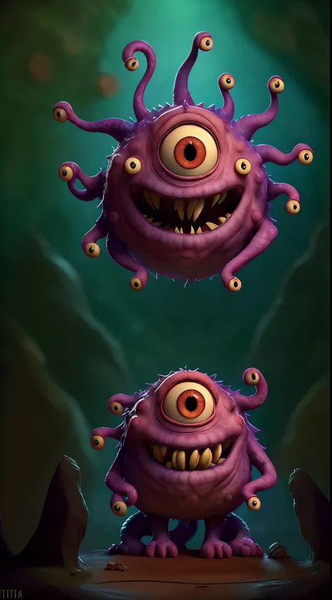 masterpiece, best quality, a beholder in a (dark cave), soft dim lighting,realistic, teeth, monster, extra eyes, tentacles,, dim...