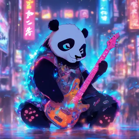 (masterpiece, best quality), panda, playing guitar, looking at viewer, blurry foreground, full body, various pose, rock n roll outfit,