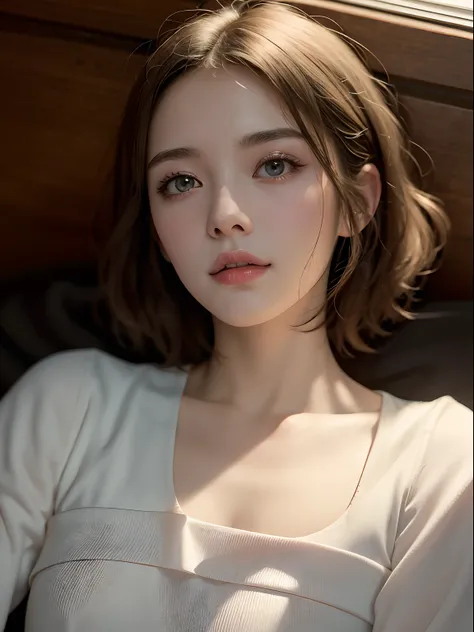 Chiaroscuro, Cinematic lighting, A high resolution, Best quality, 4K, High quality, High details, Super detail, Masterpiece，youthfulness，Lie down in bed，Overlooking，tall nose bridge，Raised sexy，short detailed hair，schoolgirls，ssmile，adolable，a skirt