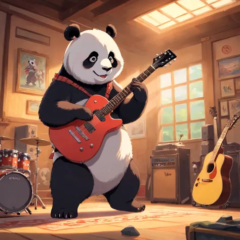 (masterpiece, best quality), panda, playing guitar, looking at viewer, blurry foreground, full body, various pose, rock n roll outfit,