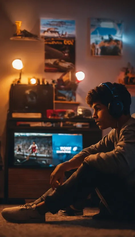 Jeune homme 16 ans, playing video games in his room. Sa chambre est rempli de poster de sport et de rappeur