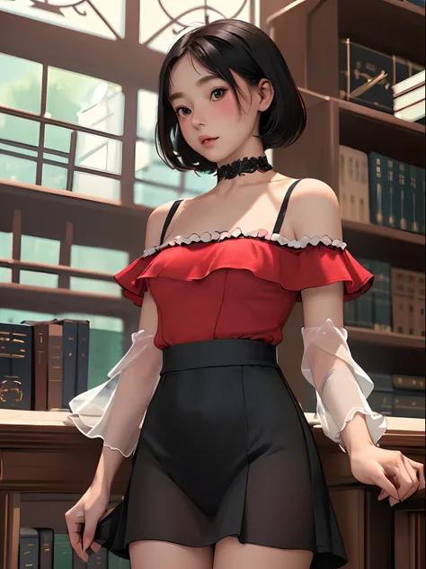 (top-quality、​masterpiece), 1girl in, intricate detailes, off shoulders, skirt by the, a choker, frilld, see -through, look at viewr, red blush, The upper part of the body, blurry backround, Contrapo、atlibrary、big breast beauty