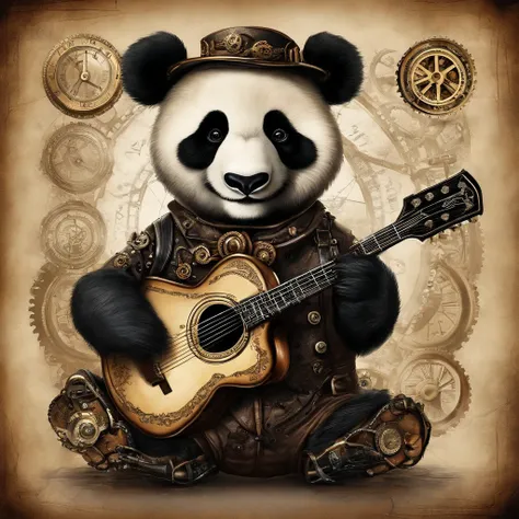 (masterpiece, best quality), panda, playing guitar, looking at viewer, blurry foreground, full body, various pose, rock n roll outfit,