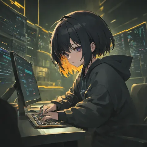 Glasses, Hooded, Short Black Hair, Black Eyes, Using a computer in a dark room and open the kali linux operating system on the computer screen, write codes in the terminal in kali linux, Cyber Security and Hacker Man