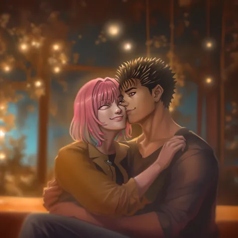 riamu,guts,couple,husband and wife,love dovey couple,sitting,hug,kiss,smile,(best quality,4k,8k,highres,masterpiece:1.2),ultra-detailed,(,photoreartisticc,photo-:1.37),portraits,vivid colors,warm tones,soft lighting