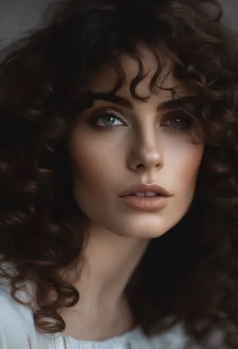 elongated face / dark brown hair / brown eyes / big eyes / curly hair / black blouse / white skin /Damn it!