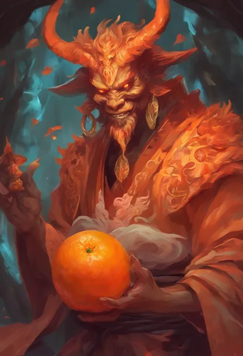 A Japanese anime Oni eating an orange, irritado,   corpo perfeito, perfectly we do Cinematic, terror, horror, Bioluminicense vermelha, disco Rigido, Fantaksy sombrio