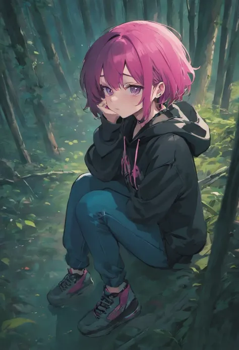 (masterpiece, best quality: 1.2), midnight, forest, dark pink hair, green eyes, pink hoodie, blue jeans, short hair, black eye_glasses, black boots, pale_skin, sleepy, black_earrings, choker, alone, bracelets, 1girl, depressed