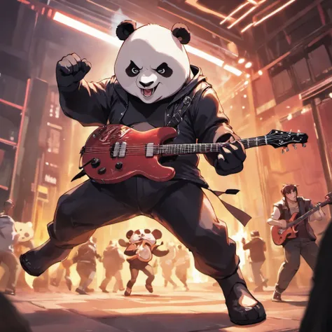 (masterpiece, best quality), panda, playing guitar, jumping pose, blurry foreground, full body, fully clothes, boot shoes, rock n roll outfit,