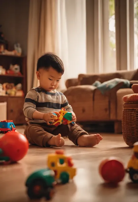 3 year old boy sitting on living room floor playing with toys，Realisticstyle，Chinese boy