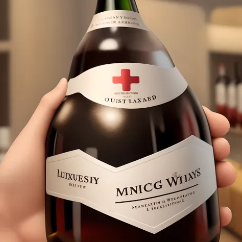 A sticker on a luxury wine bottle, the meaning of the logo on the sticker is supposed to mean saving lives, of doctors, of first aid, its a bottle made by a life-saving organization, so it should be accordingly