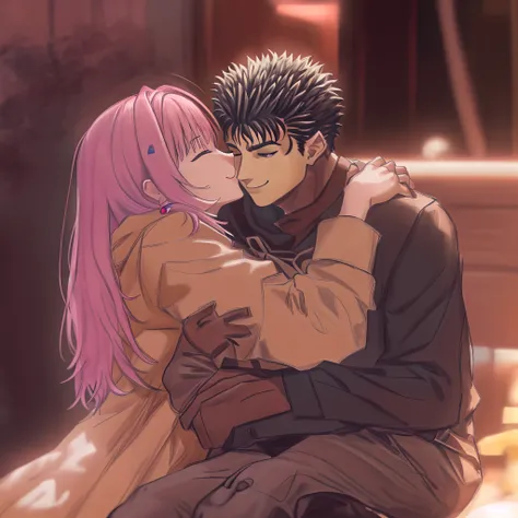 riamu,guts,couple,husband and wife,love dovey couple,sitting,hug,kiss,smile,(best quality,4k,8k,highres,masterpiece:1.2),mega-detailed,(,1.37),portraits,vivid colors,warm tones,soft lighting