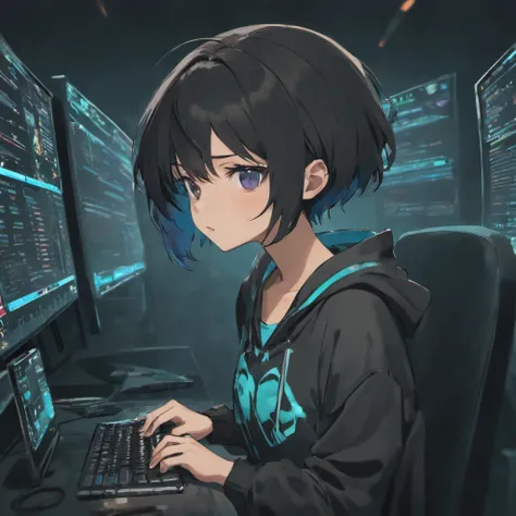 Glasses, Hooded, Short Black Hair, Black Eyes, Using a computer in a dark room and open the kali linux operating system on the computer screen, write codes in the terminal in kali linux, Cyber Security and Hacker Male