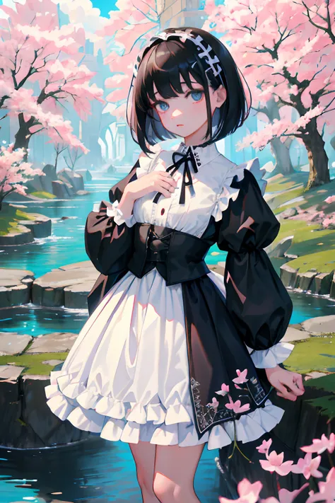 Standing，Knees，Curtsey，lift up ones skirt，child，（​masterpiece，Highest Quality），(shortsleeves，White Gothic Lolita)，Sleepy face，Round eyes，A dark-haired，Semi-long bob，bare-legged，small stream，cherry trees，undergarment